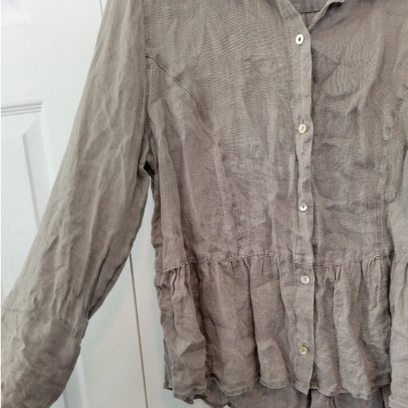 Artisan NY 100% Linen Gray Peplum Ruffle Hem Button Up Top Size Large lagenlook - Picture 3 of 6